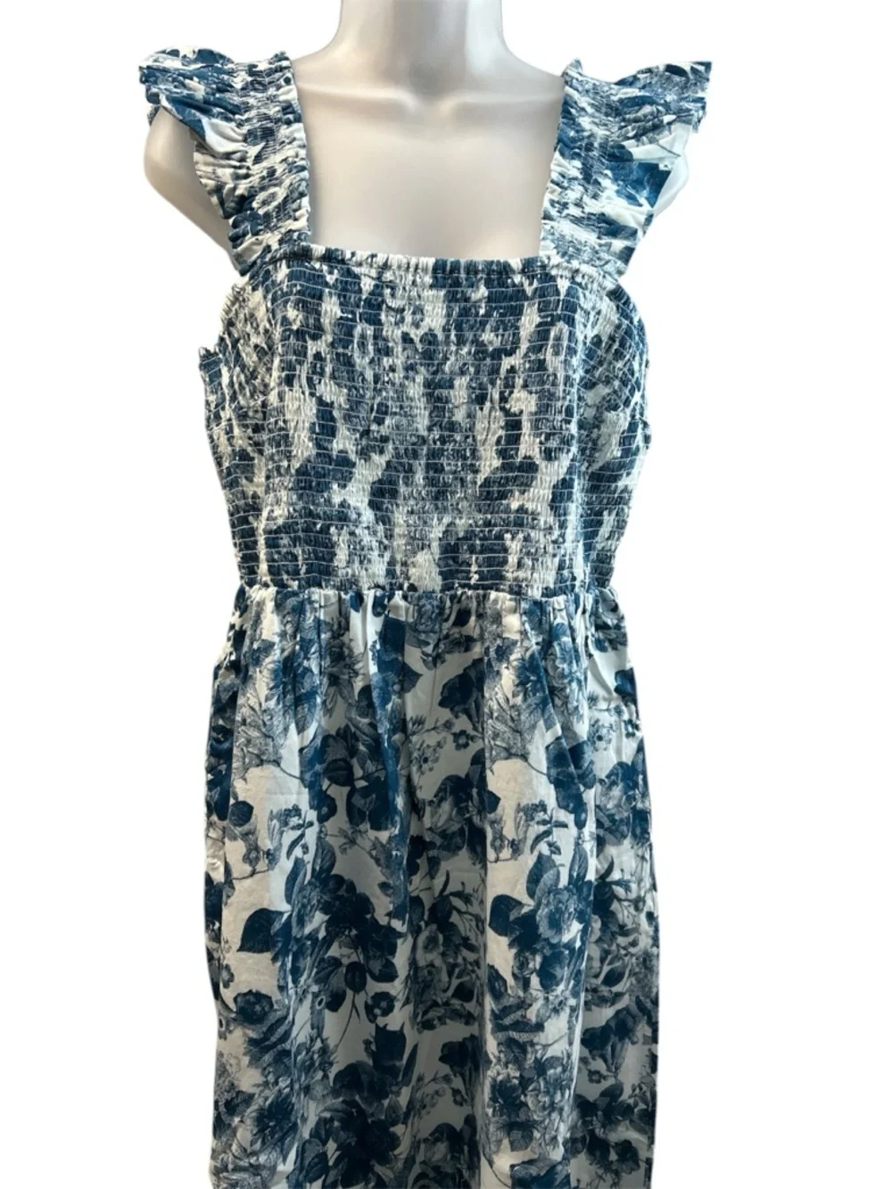 Smocked Square-Neck Blue Floral Midi Dress - Women - Picture 2 of 2